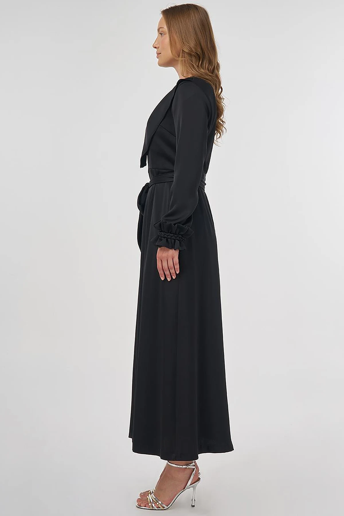 Satin Dress with Collar Detail Black