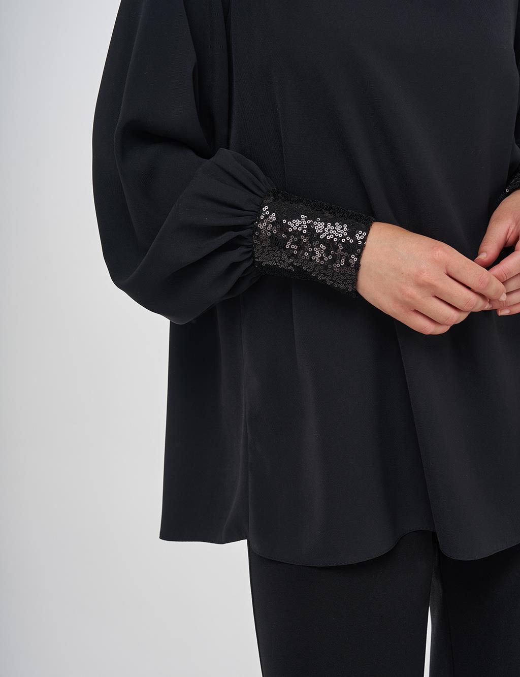 Sequin-Embellished Elegant Blouse Black 