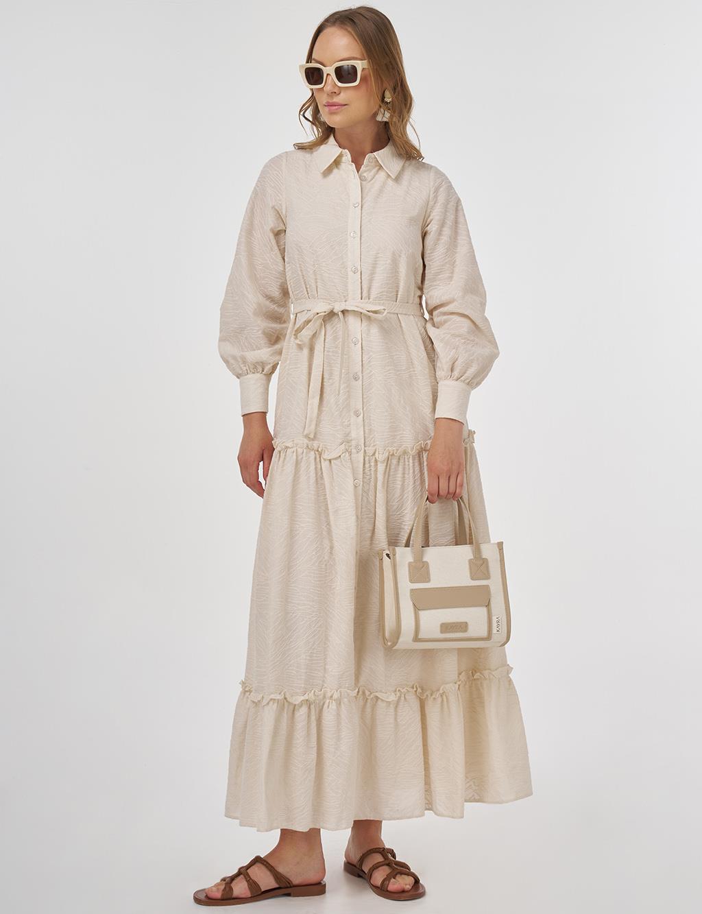 Cotton Dress with Ruffled Hem Cream 