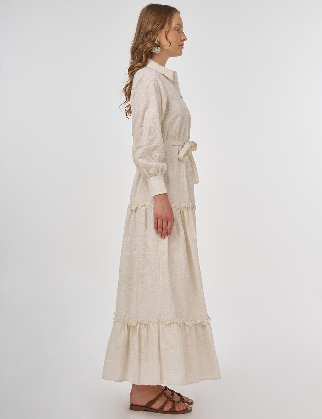 Cotton Dress with Ruffled Hem Cream 