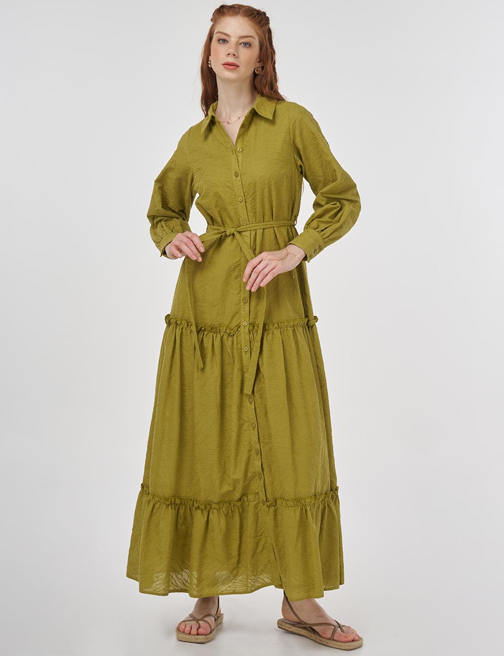 Cotton Dress with Ruffled Hem Khaki