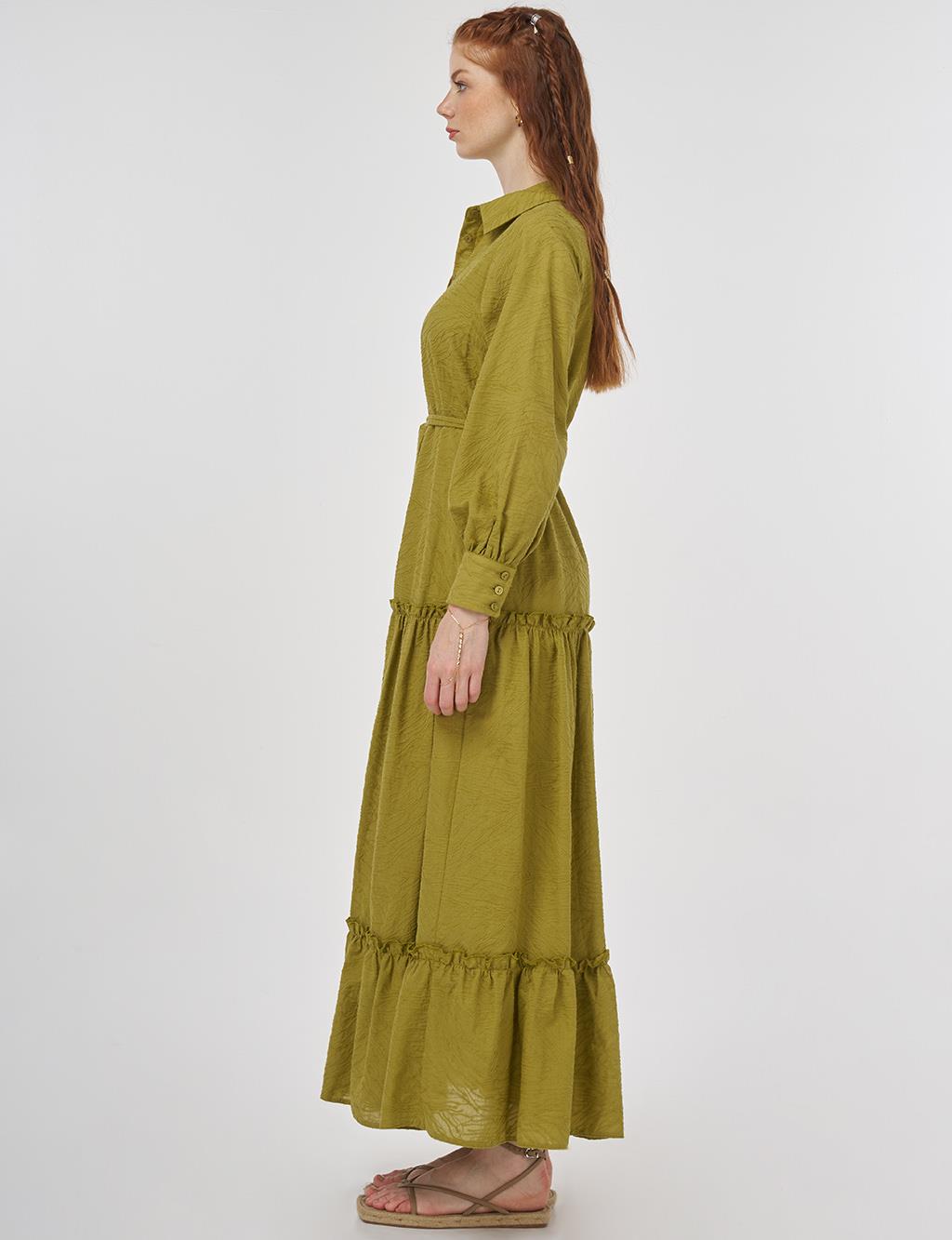 Cotton Dress with Ruffled Hem Khaki