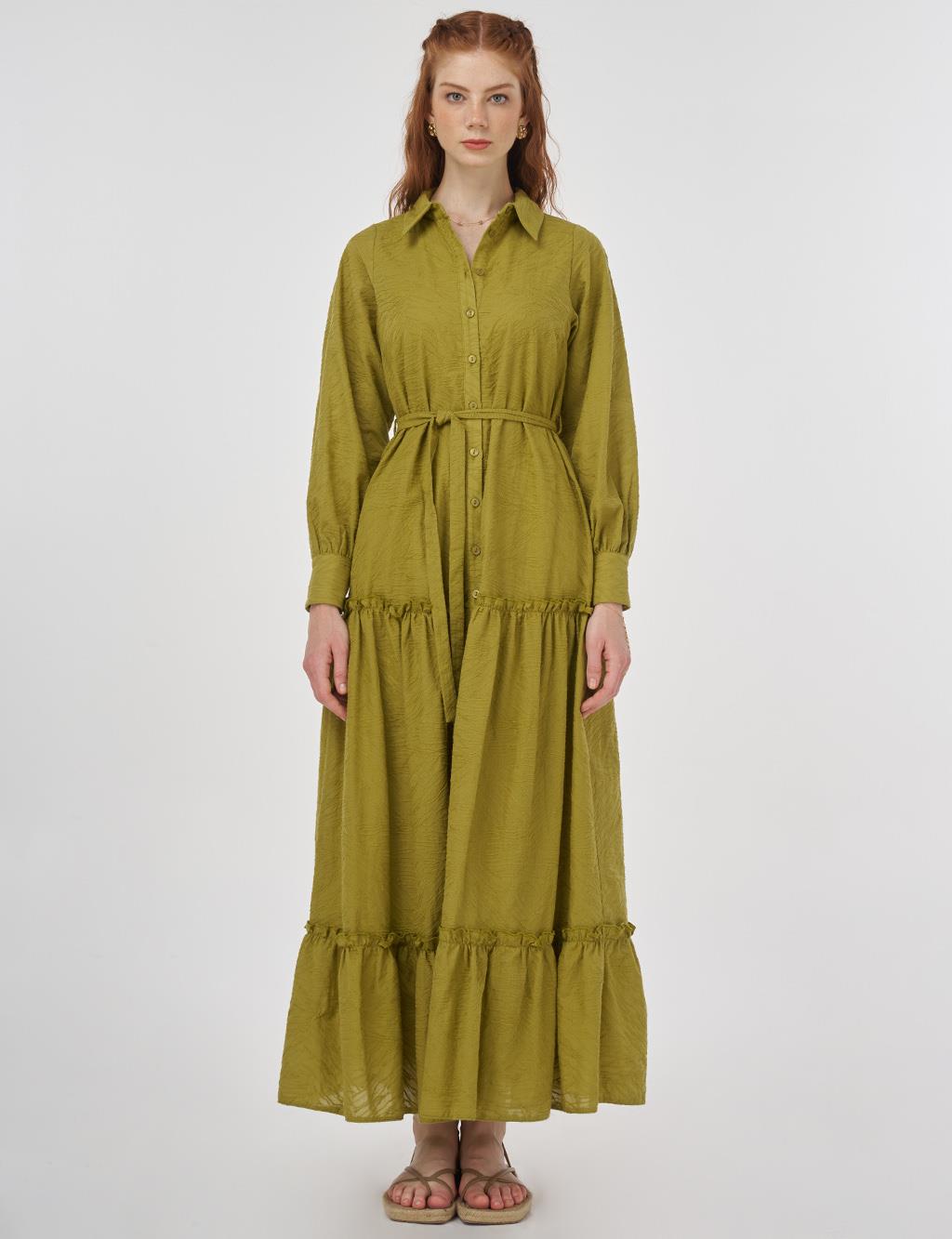 Cotton Dress with Ruffled Hem Khaki
