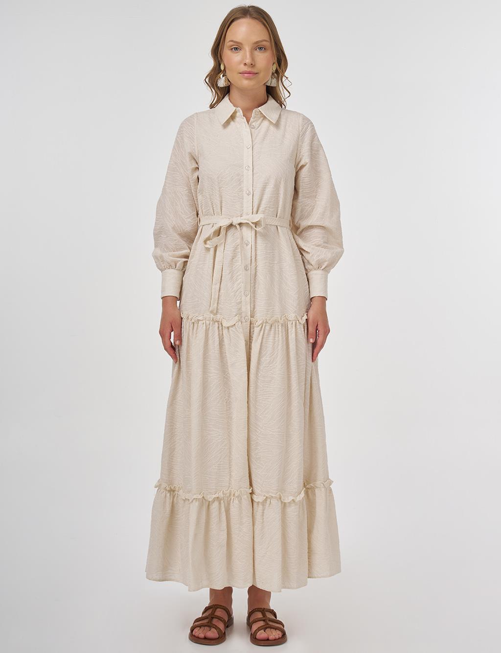 Cotton Dress with Ruffled Hem Cream 