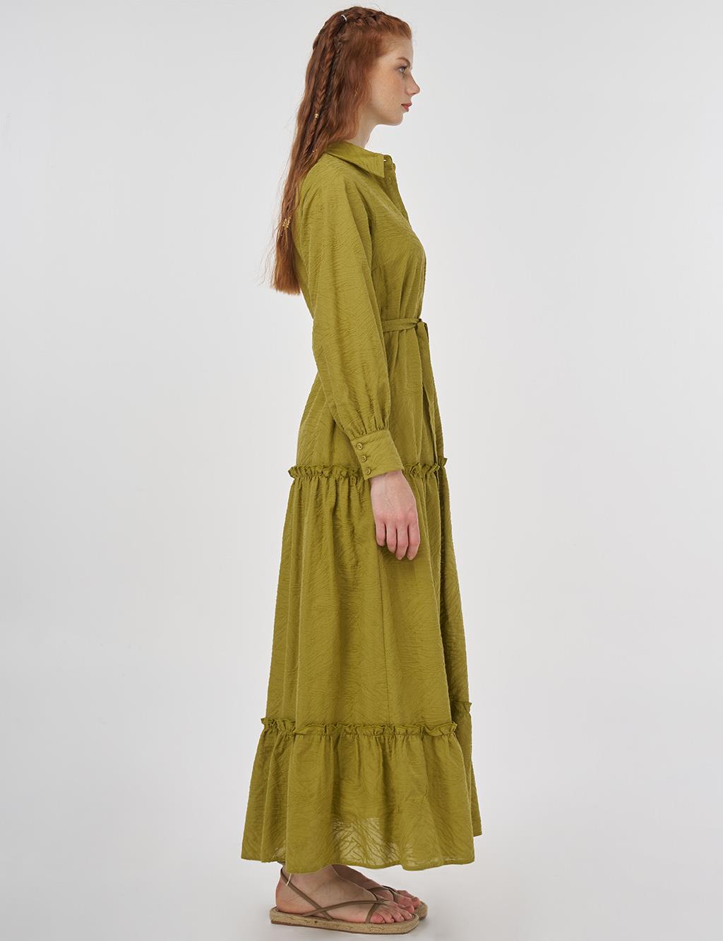 Cotton Dress with Ruffled Hem Khaki