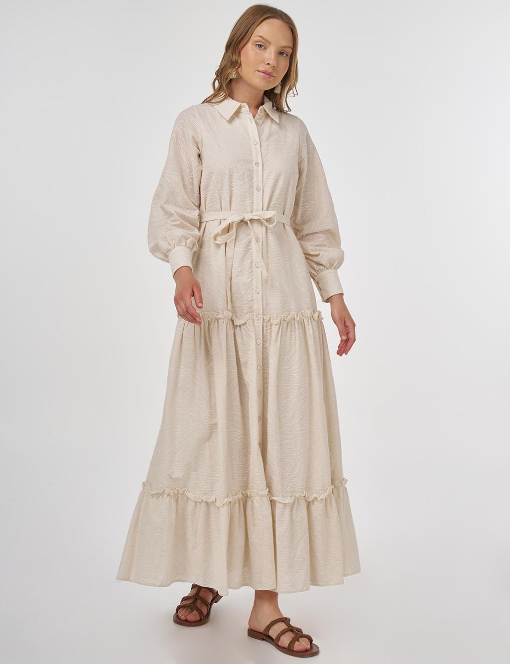 Cotton Dress with Ruffled Hem Cream 
