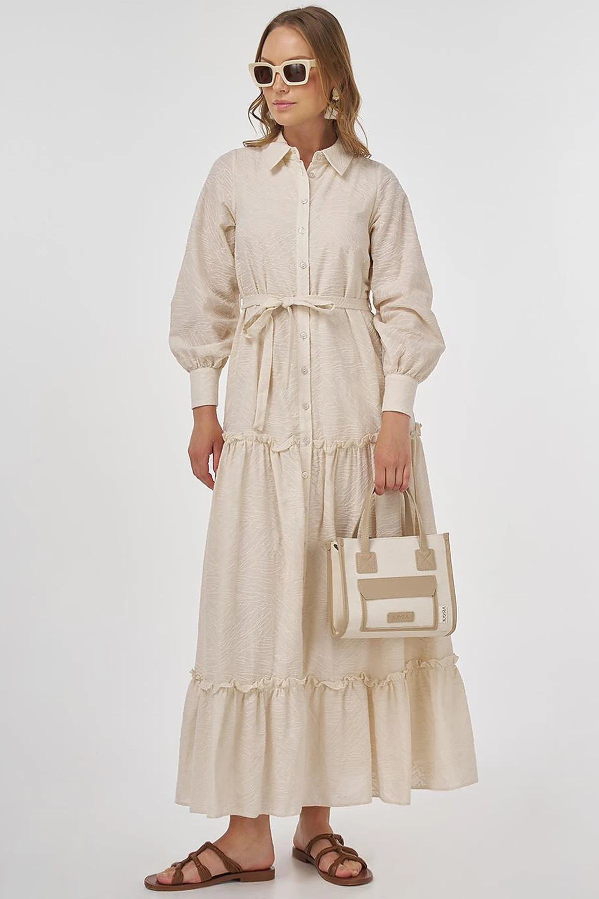 Cotton Dress with Ruffled Hem Cream 