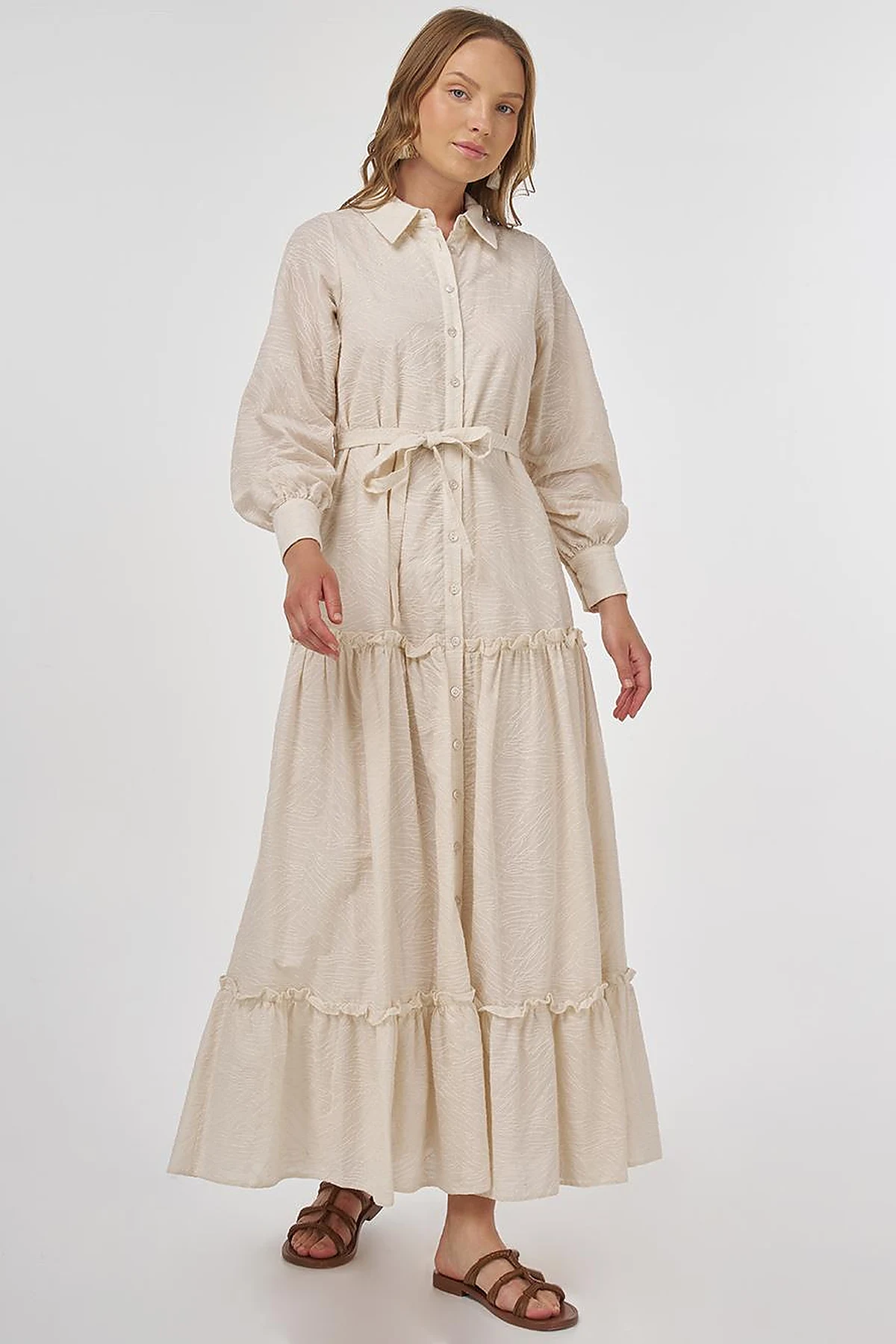 Cotton Dress with Ruffled Hem Cream 