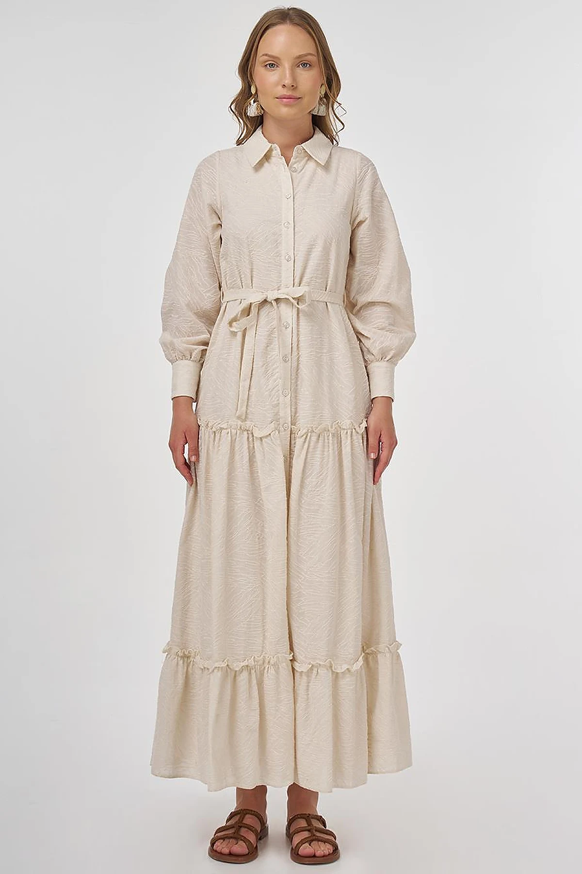Cotton Dress with Ruffled Hem Cream 