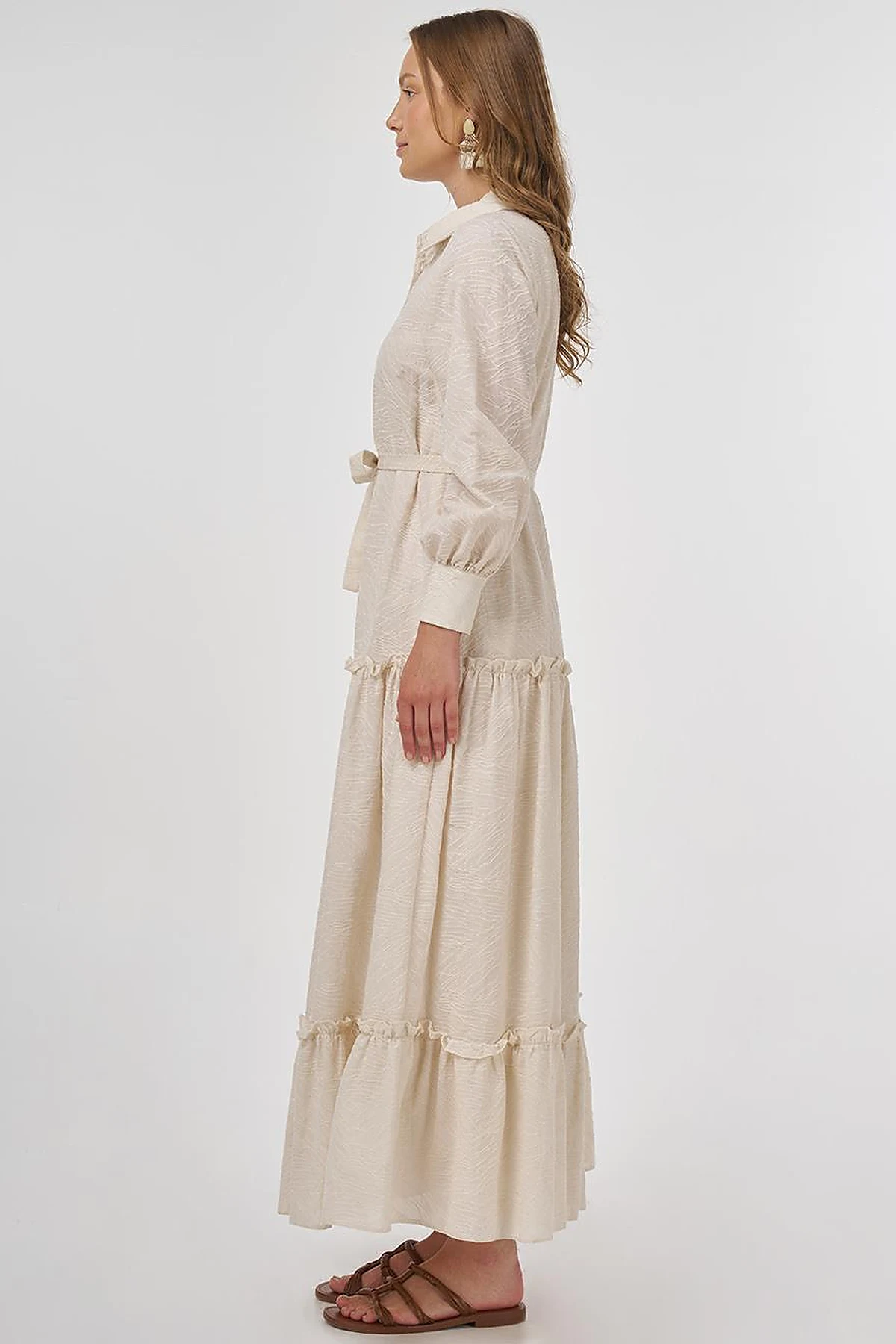 Cotton Dress with Ruffled Hem Cream 