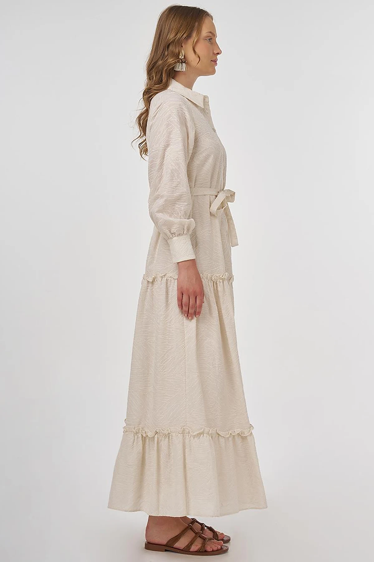 Cotton Dress with Ruffled Hem Cream 