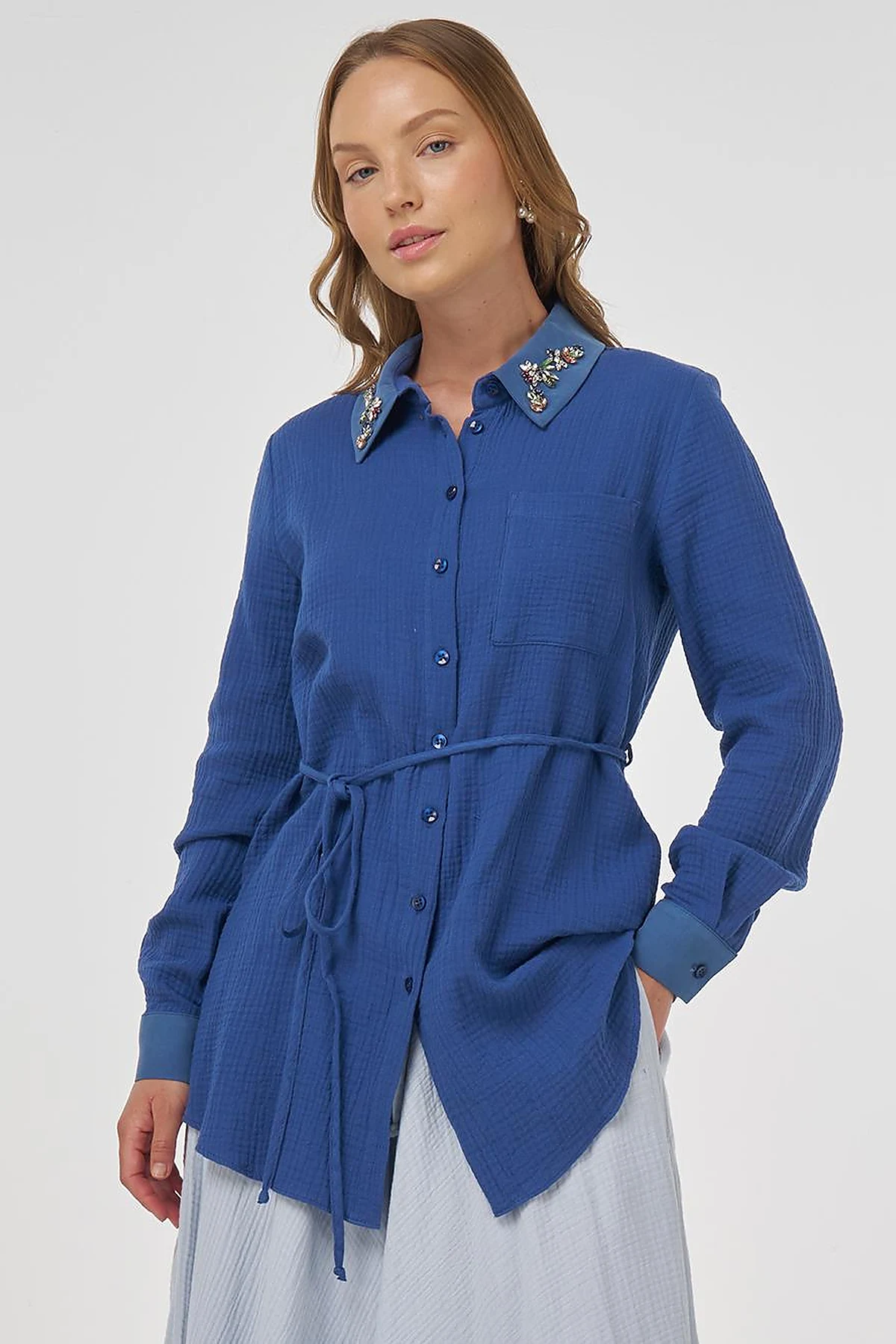 Stone-Embellished Collar Muslin Tunic İndigo 