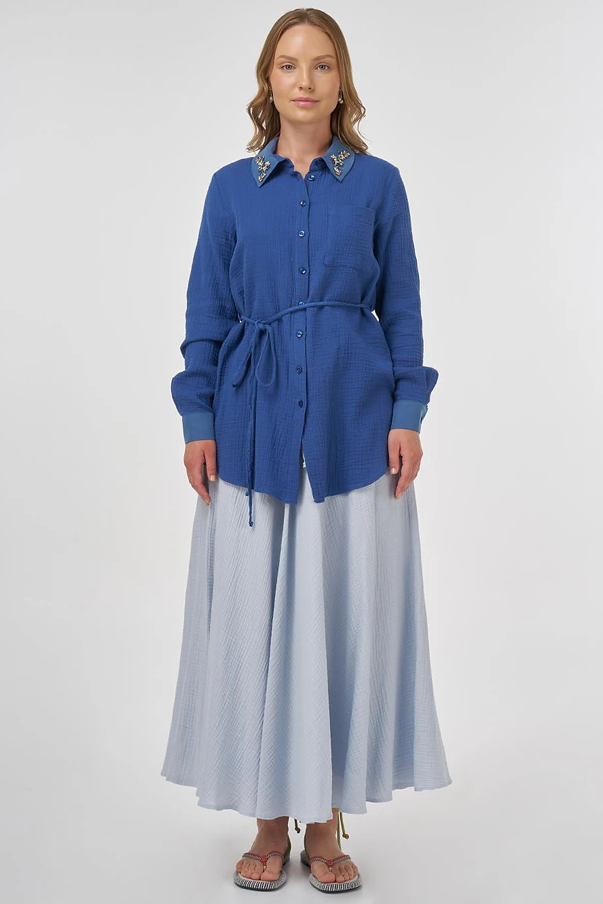 Stone-Embellished Collar Muslin Tunic İndigo 