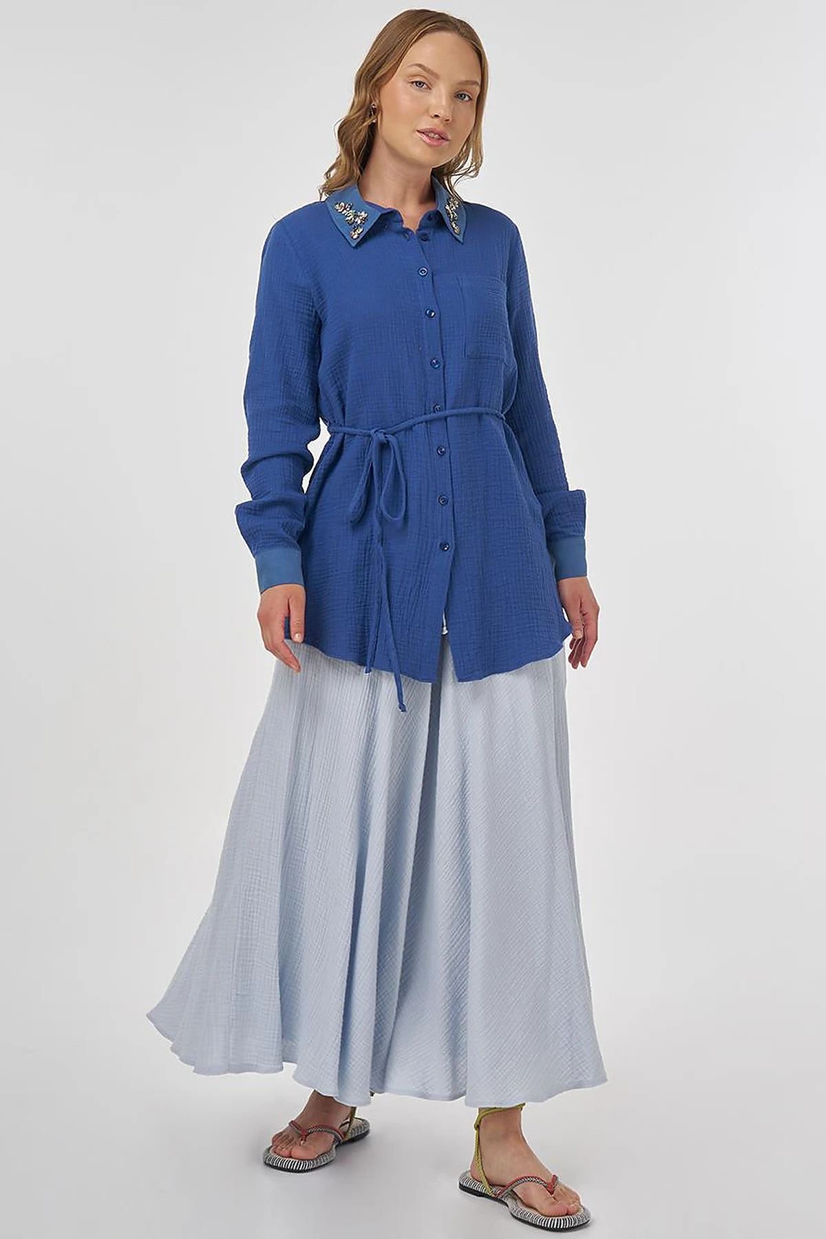 Stone-Embellished Collar Muslin Tunic İndigo 