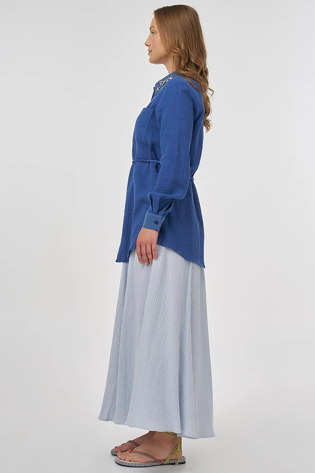 Stone-Embellished Collar Muslin Tunic İndigo 