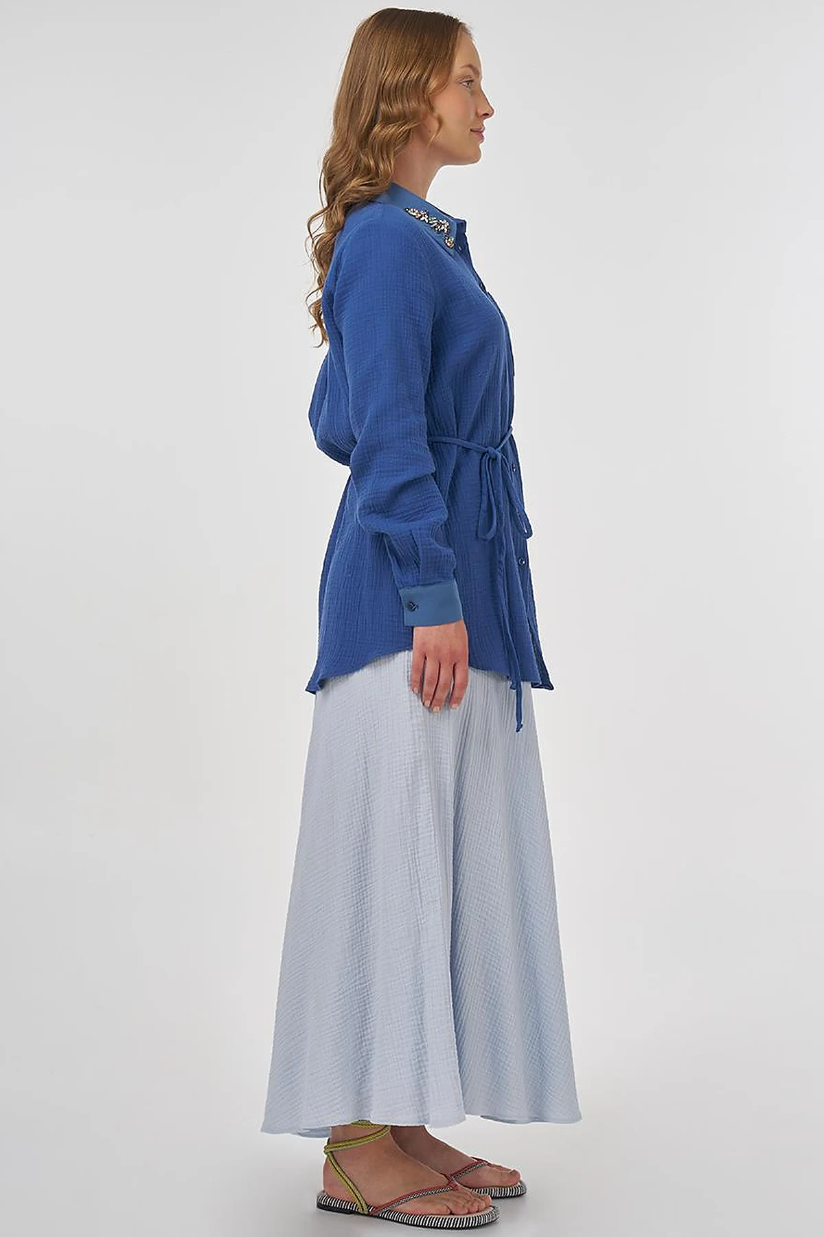 Stone-Embellished Collar Muslin Tunic İndigo 
