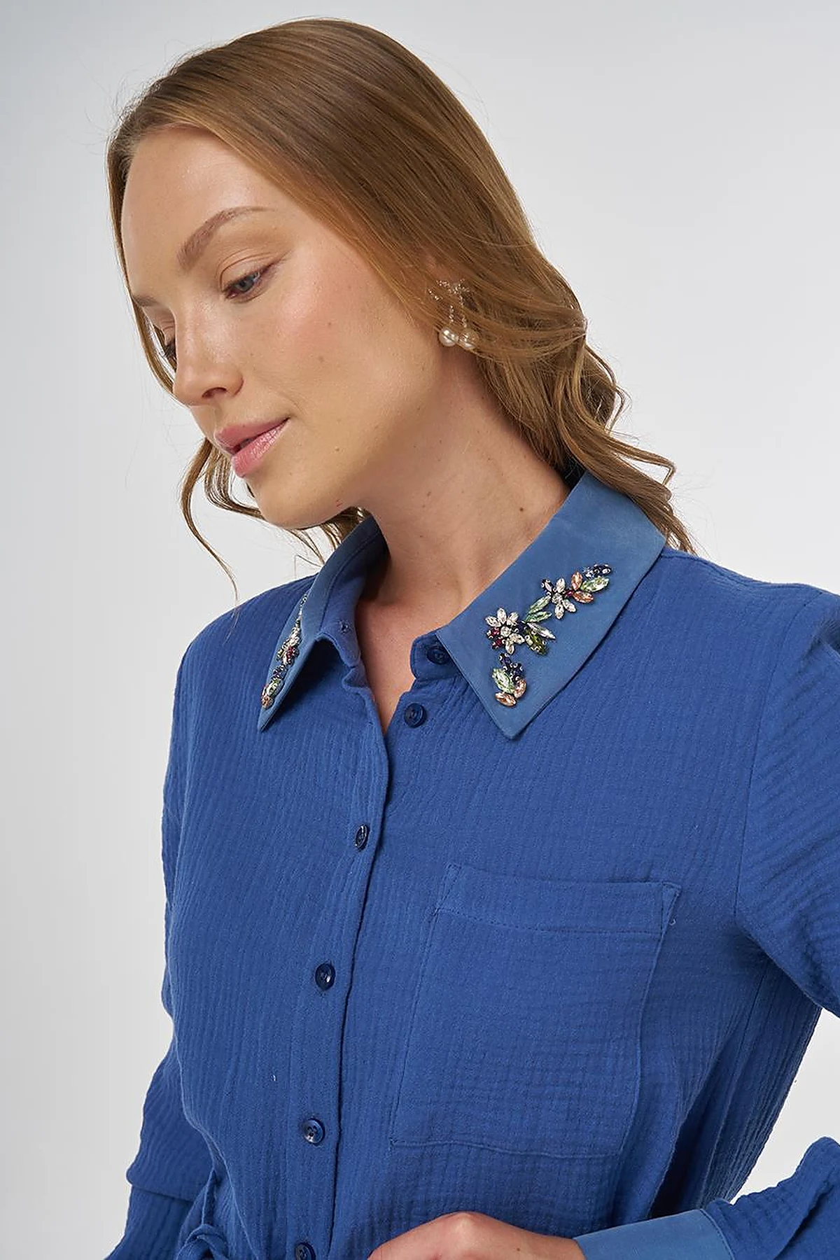 Stone-Embellished Collar Muslin Tunic İndigo 
