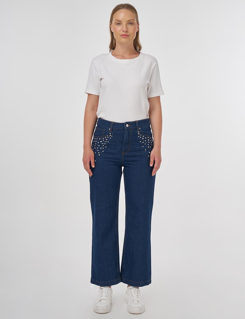 Taş İşlemeli Denim Pantolon Lacivert