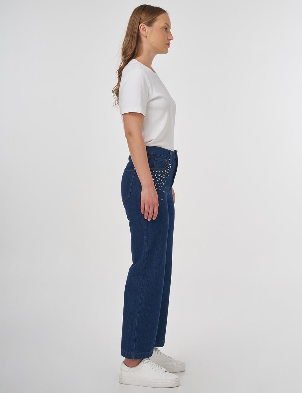 Taş İşlemeli Denim Pantolon Lacivert