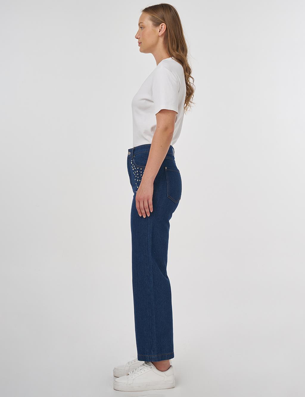 Taş İşlemeli Denim Pantolon Lacivert