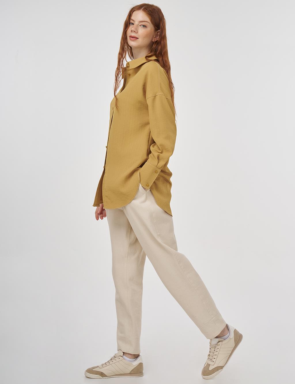 Frayed Asymmetric Cut Tunic in Mustard