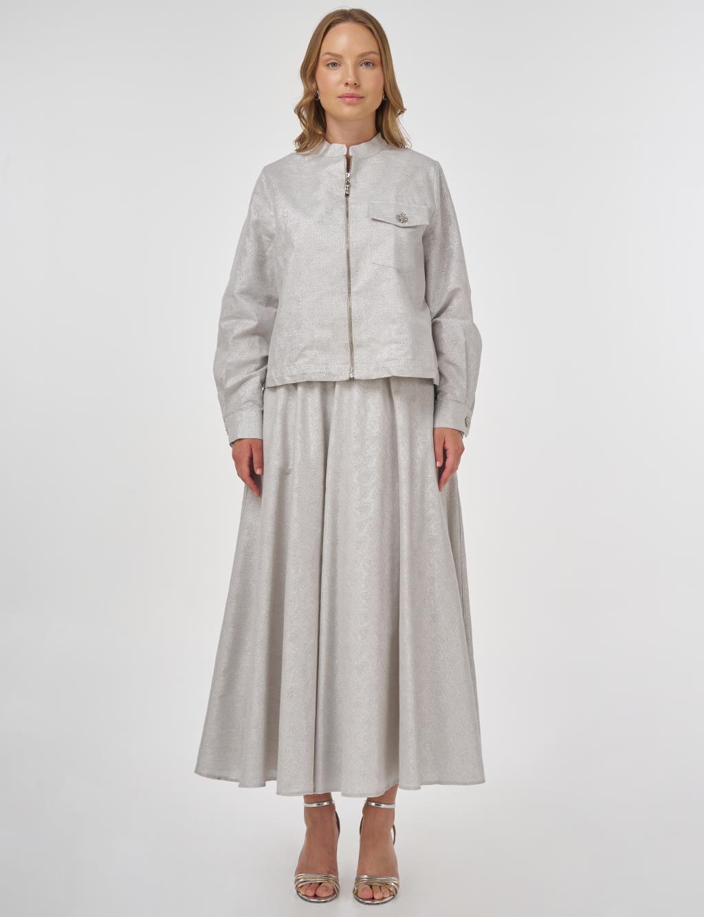 Jacquard Skirt Set with Shiny Stones in Light Gray