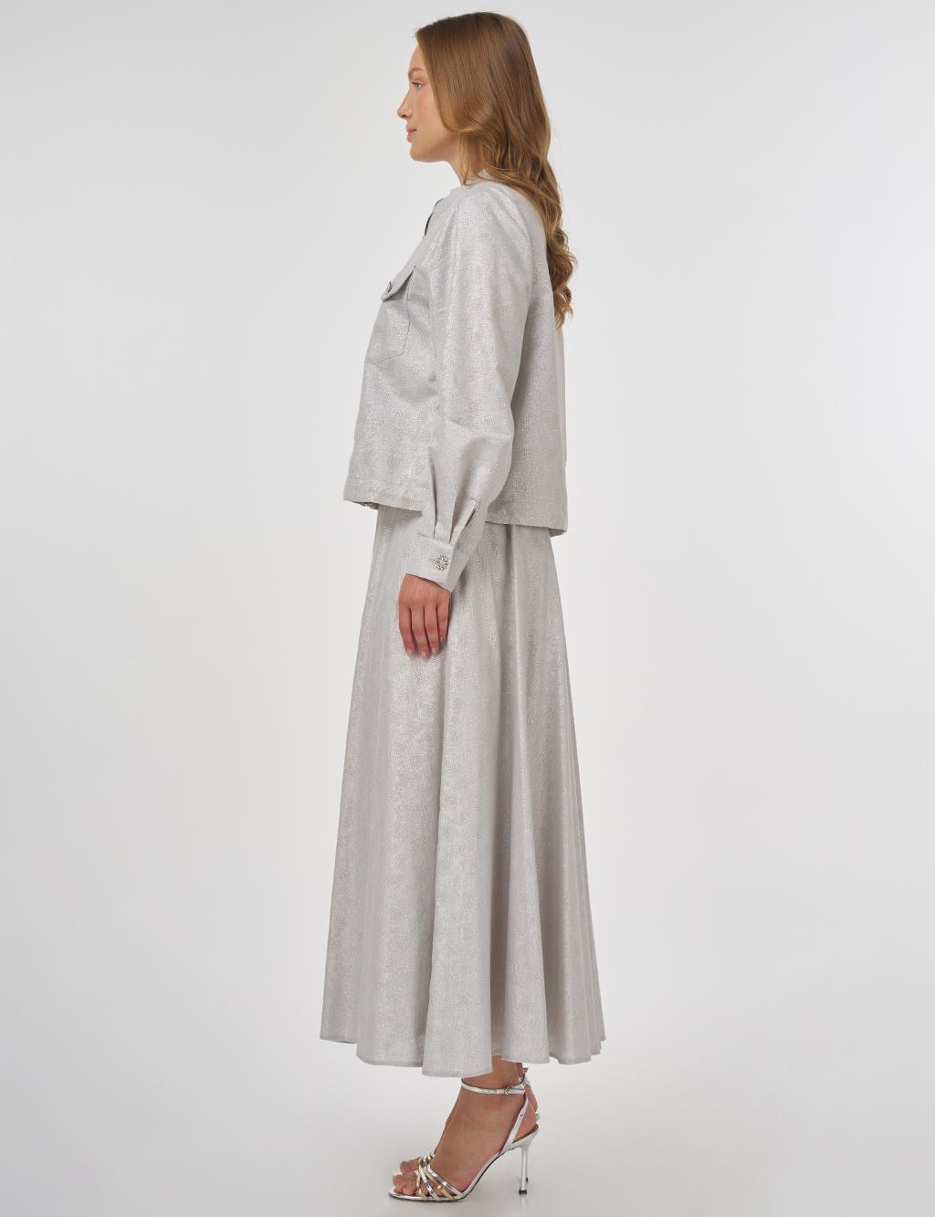 Jacquard Skirt Set with Shiny Stones in Light Gray