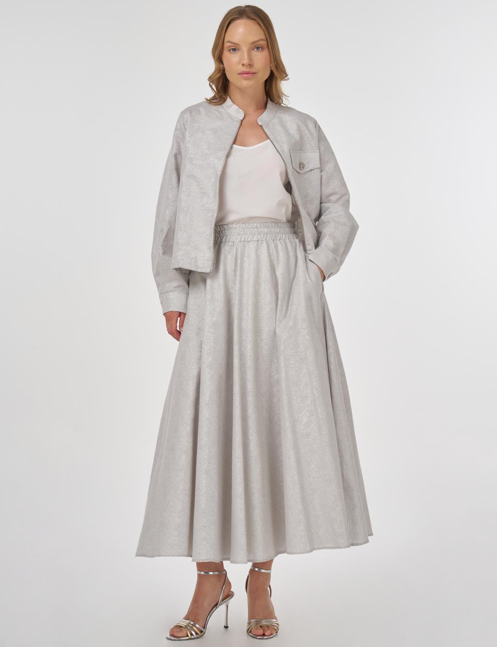 Jacquard Skirt Set with Shiny Stones in Light Gray
