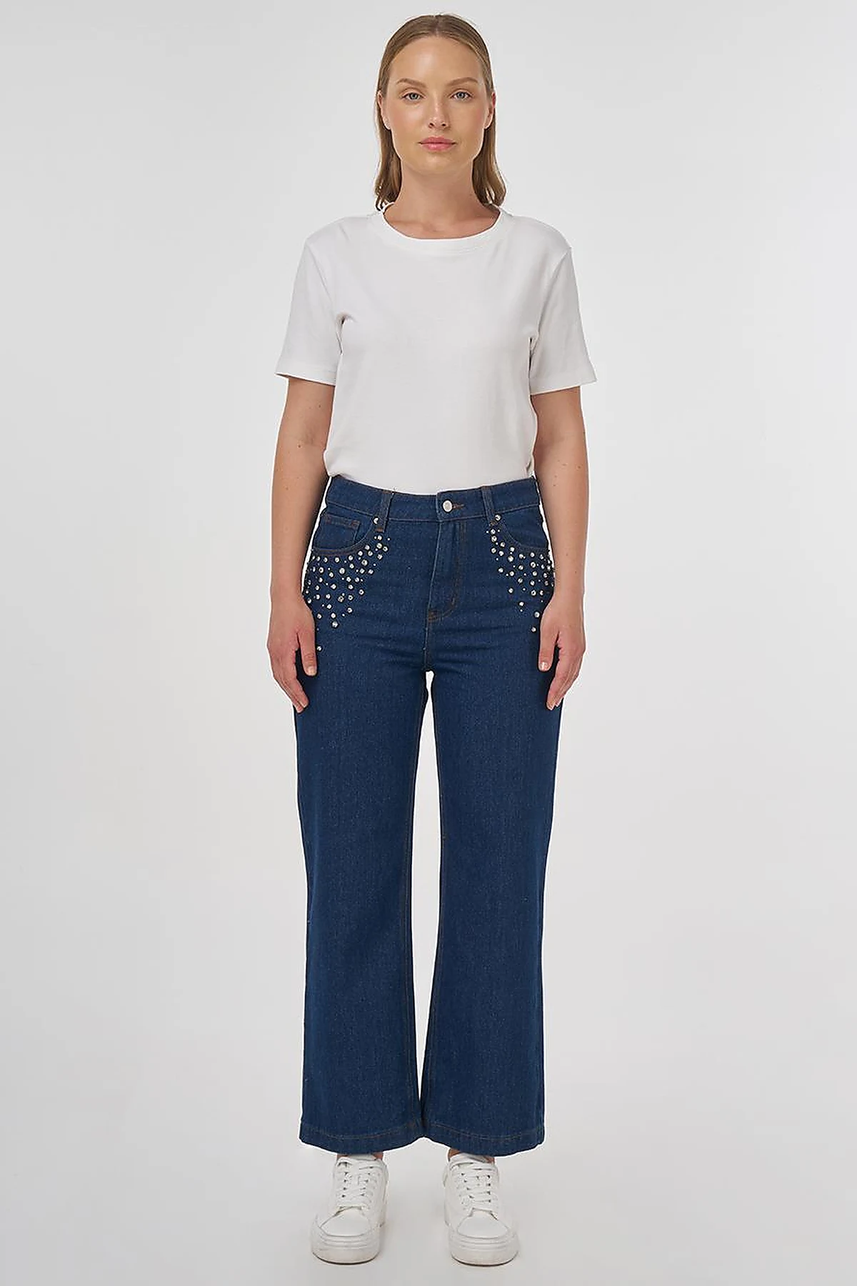 Stone Embroidered Denim Pants Navy Blue