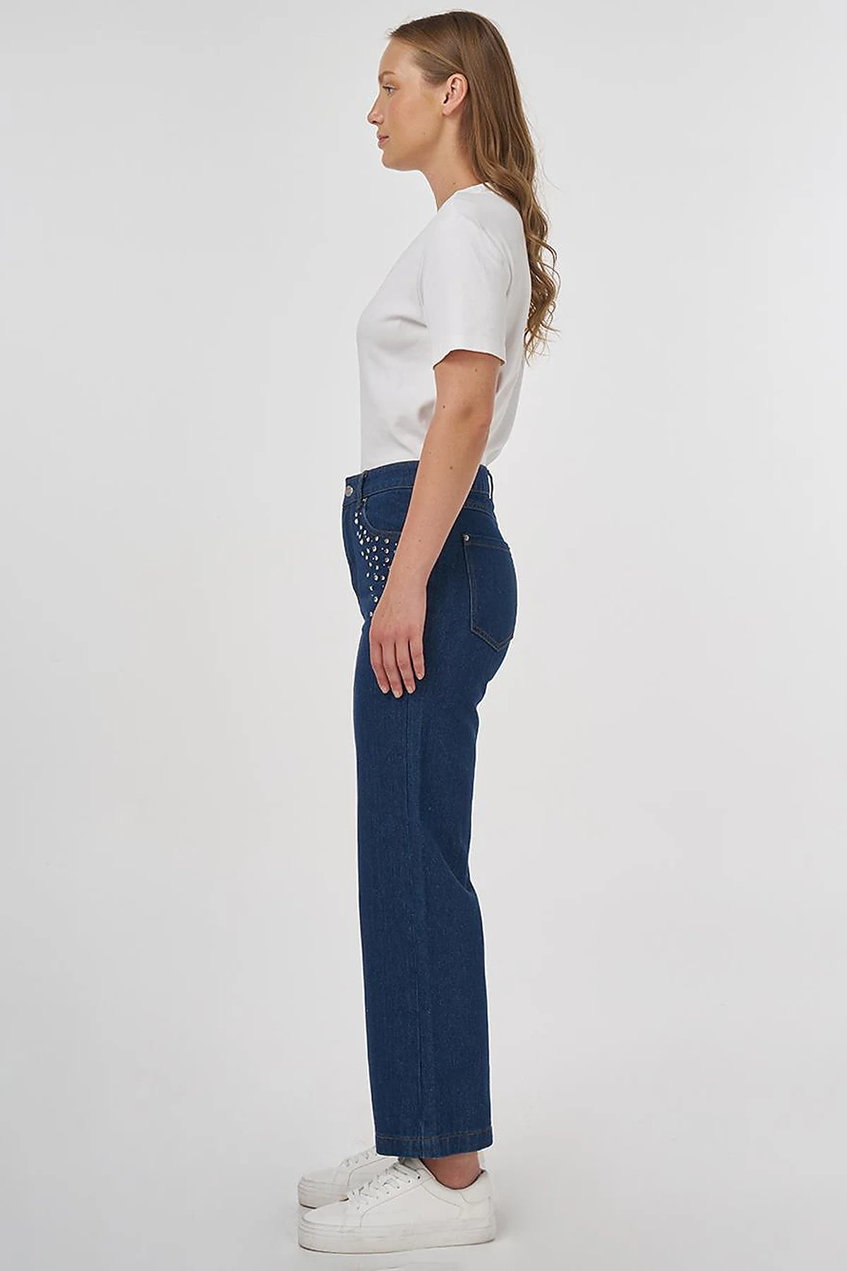 Stone Embroidered Denim Pants Navy Blue