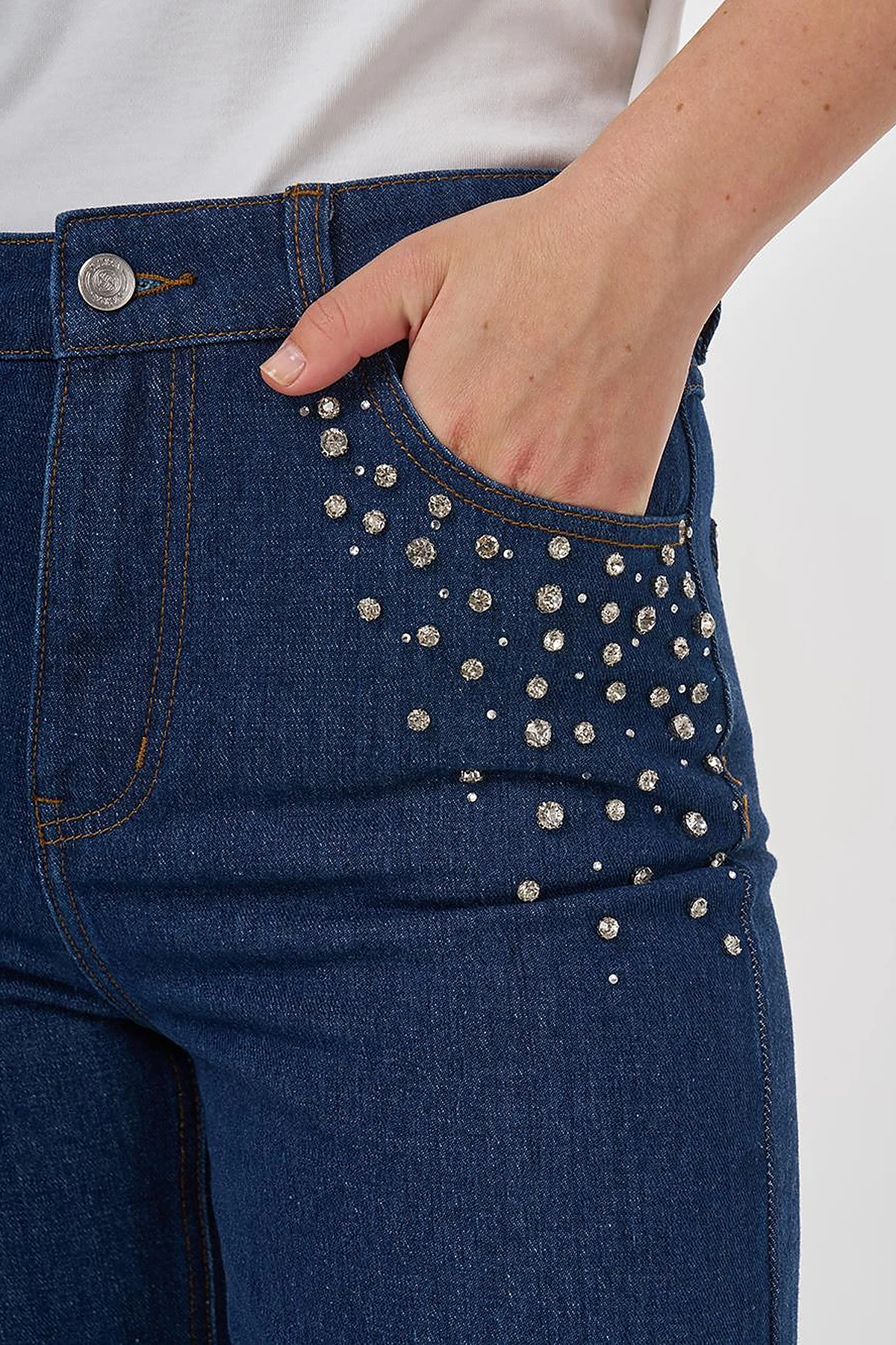 Stone Embroidered Denim Pants Navy Blue