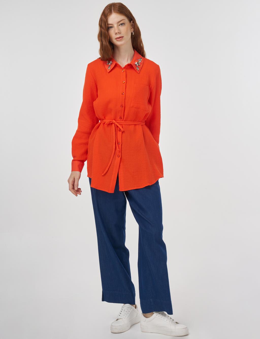 Stone-Embellished Collar Muslin Tunic Coral