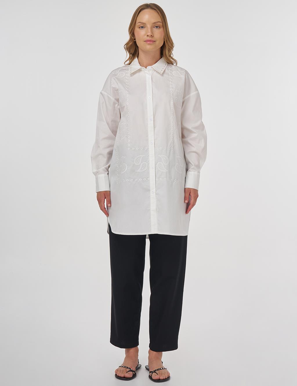 Embroidered Shirt Collar Tunic in Ecru