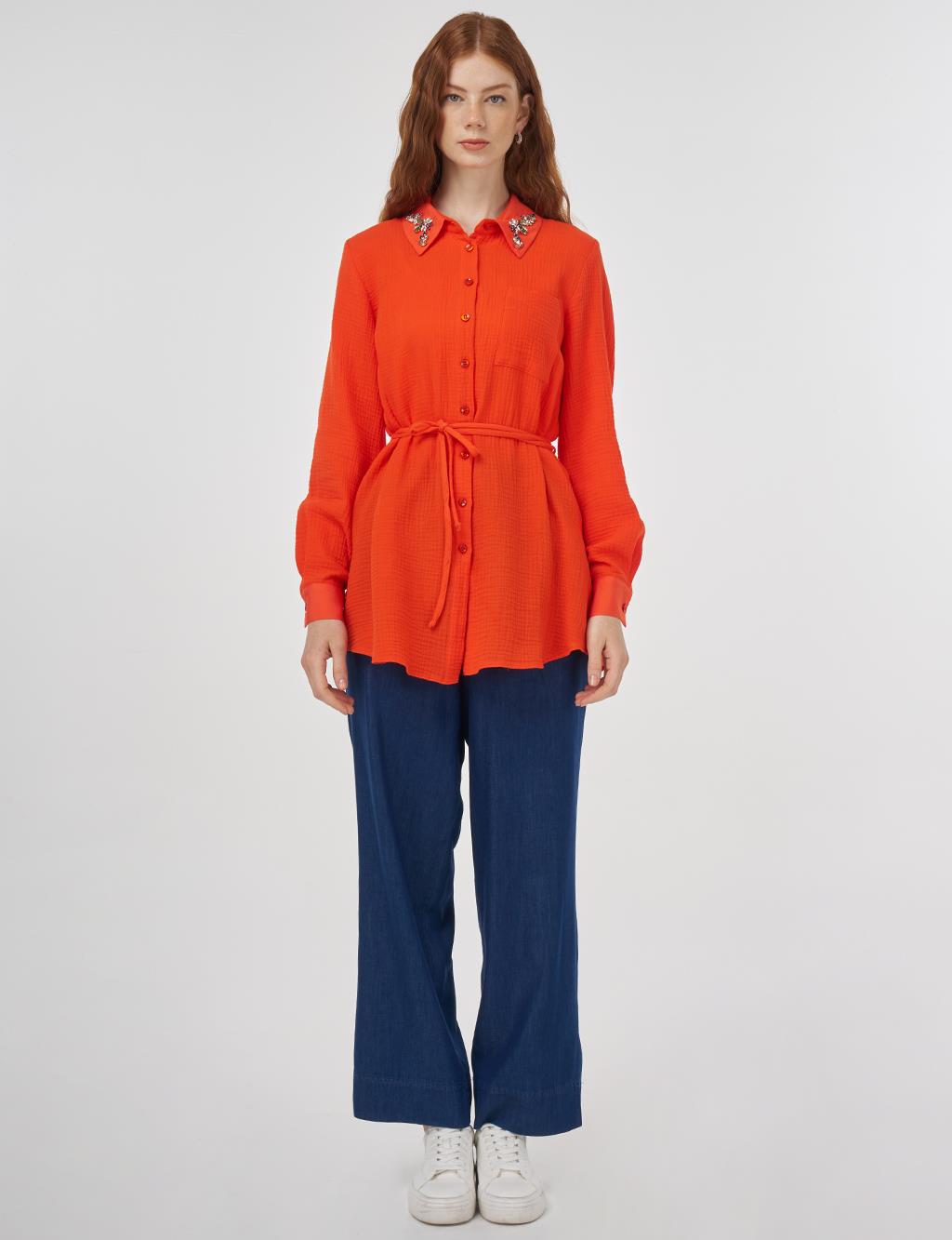Stone-Embellished Collar Muslin Tunic Coral