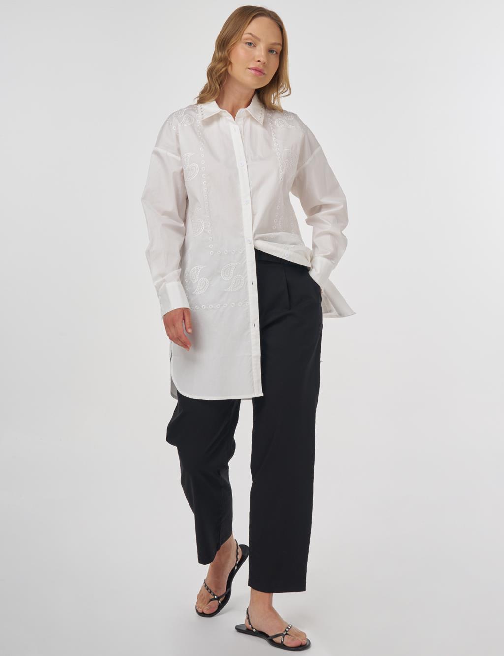Embroidered Shirt Collar Tunic in Ecru