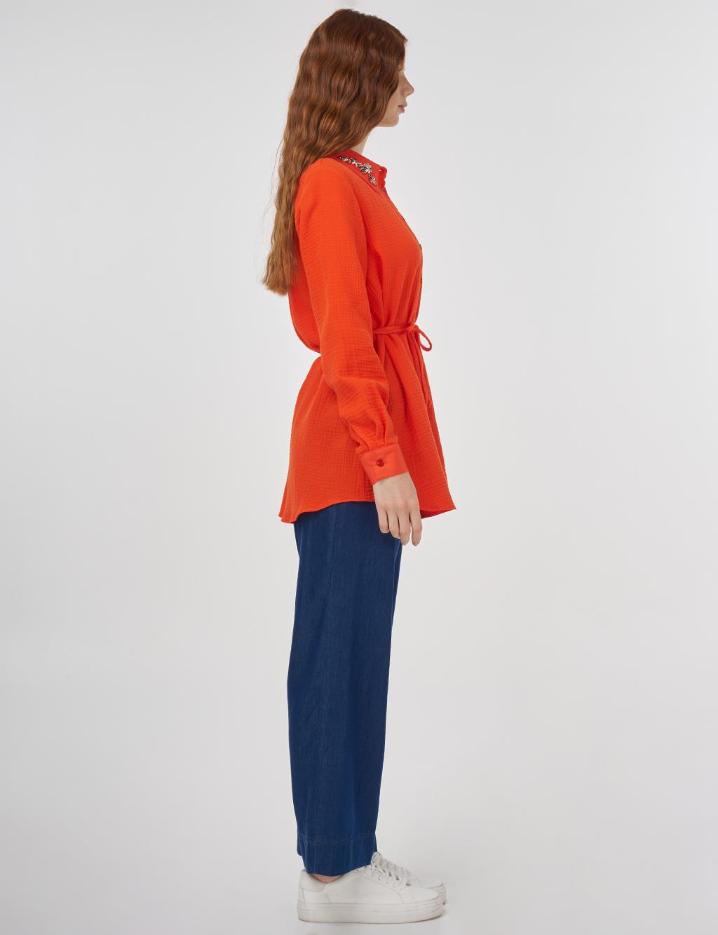 Stone-Embellished Collar Muslin Tunic Coral
