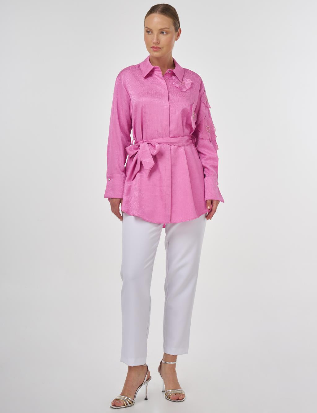 Floral Appliqué Satin Tunic in Candy Pink