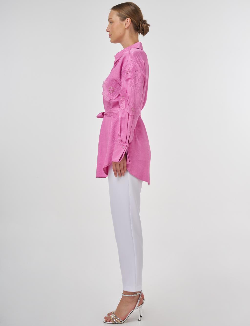 Floral Appliqué Satin Tunic in Candy Pink