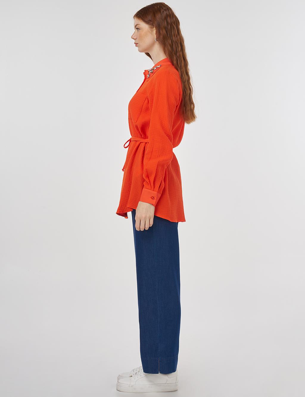 Stone-Embellished Collar Muslin Tunic Coral