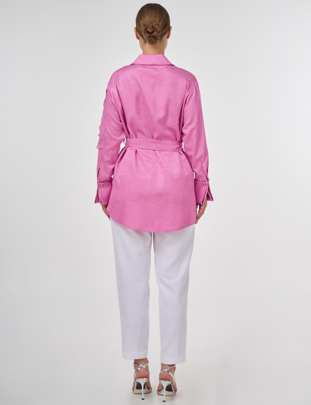 Floral Appliqué Satin Tunic in Candy Pink