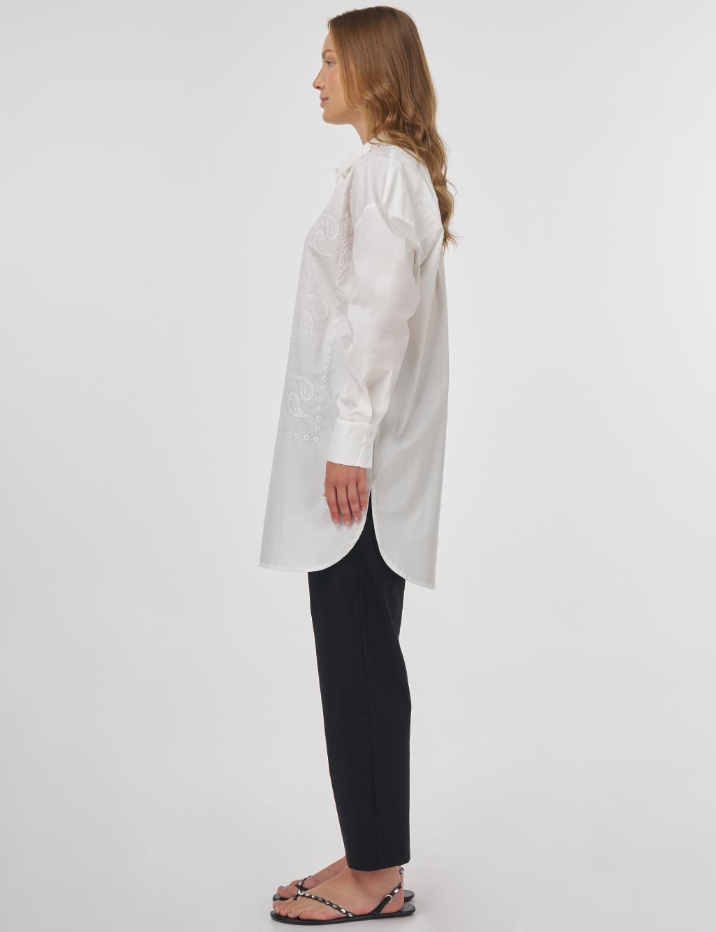 Embroidered Shirt Collar Tunic in Ecru