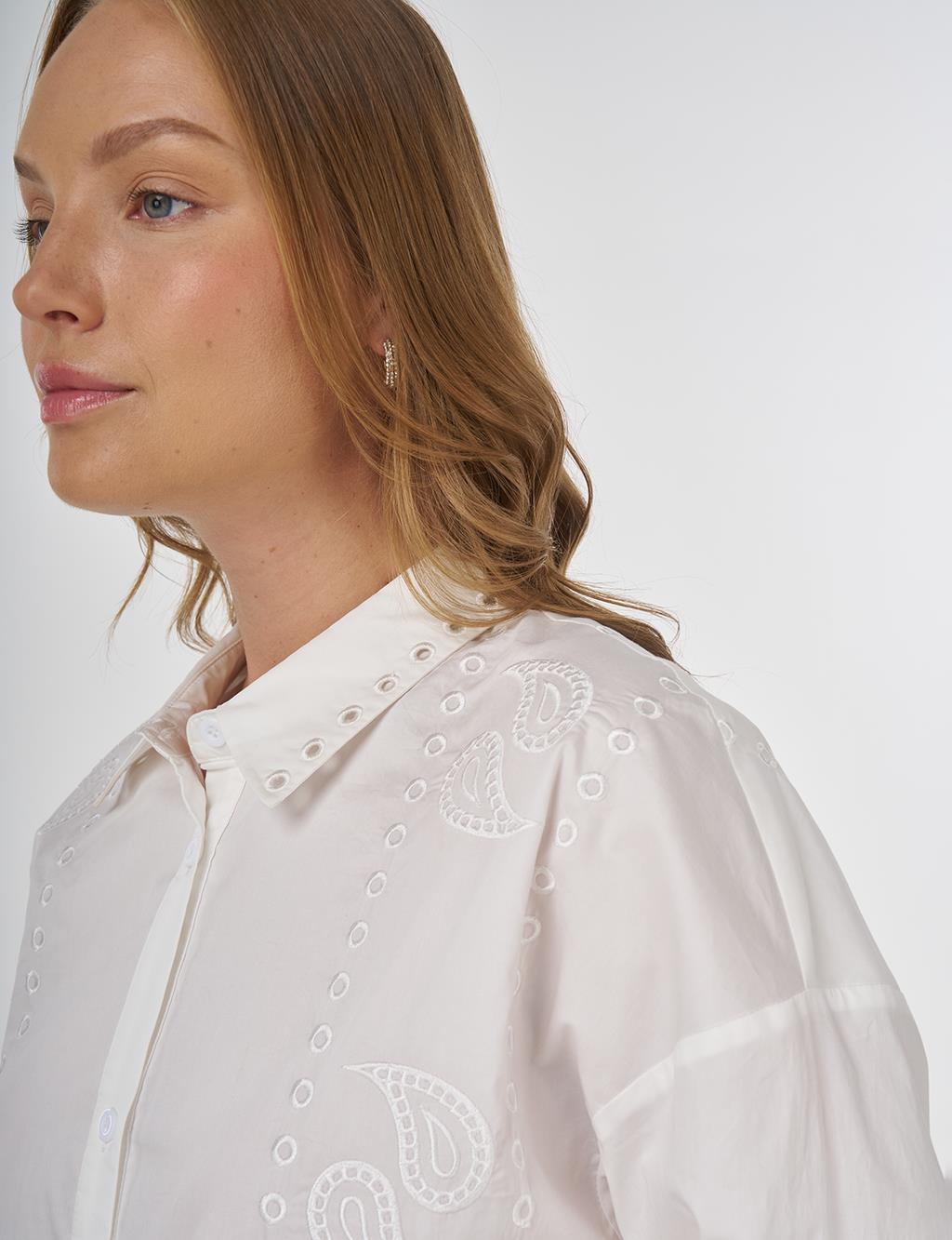 Embroidered Shirt Collar Tunic in Ecru
