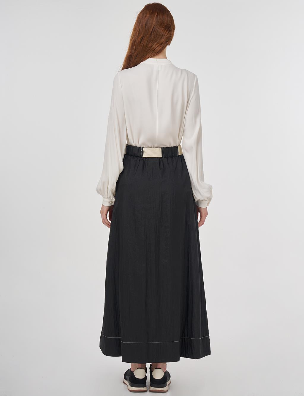 Flared Skirt with Shiny Texture Black 