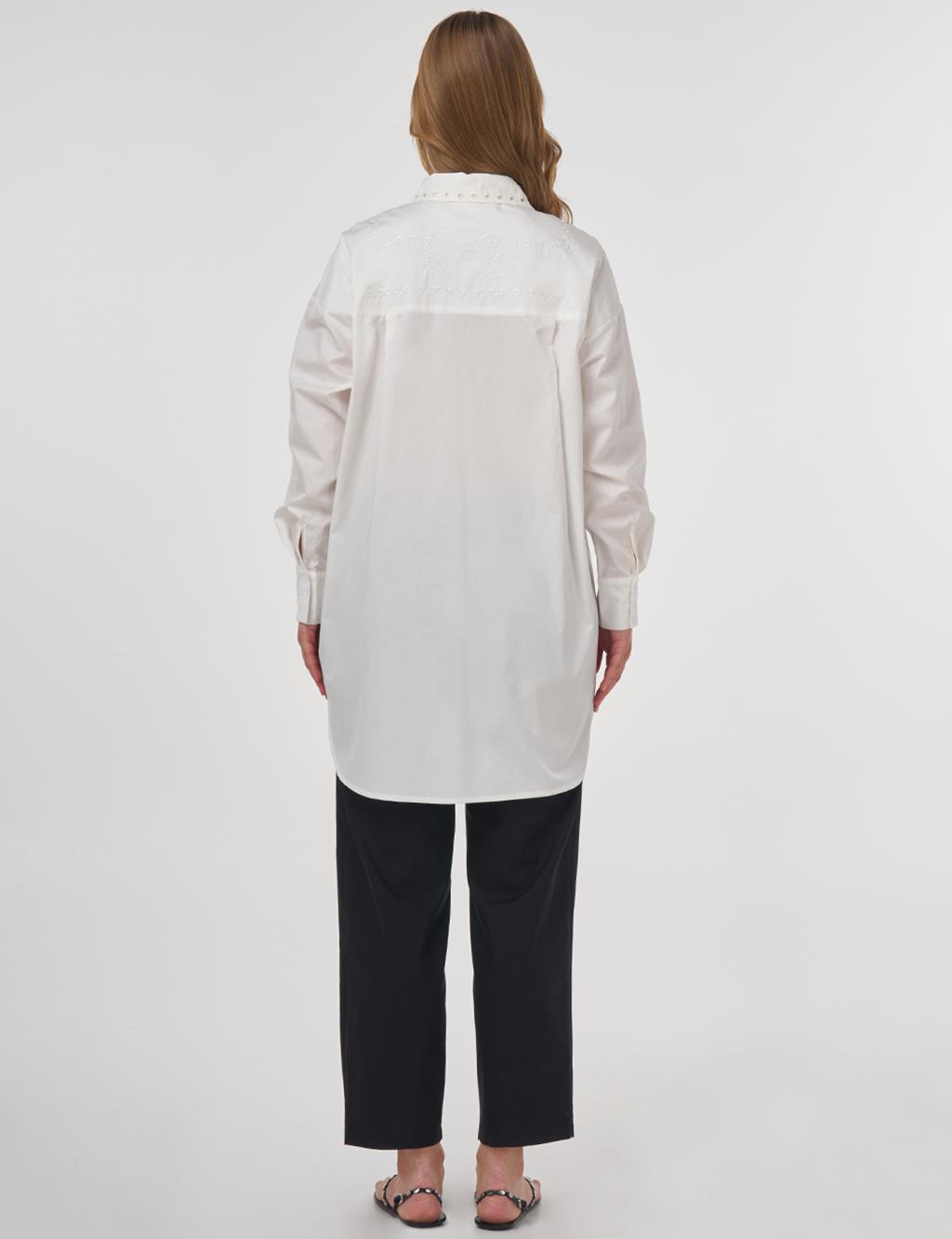 Embroidered Shirt Collar Tunic in Ecru