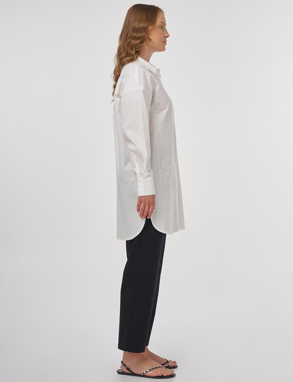 Embroidered Shirt Collar Tunic in Ecru