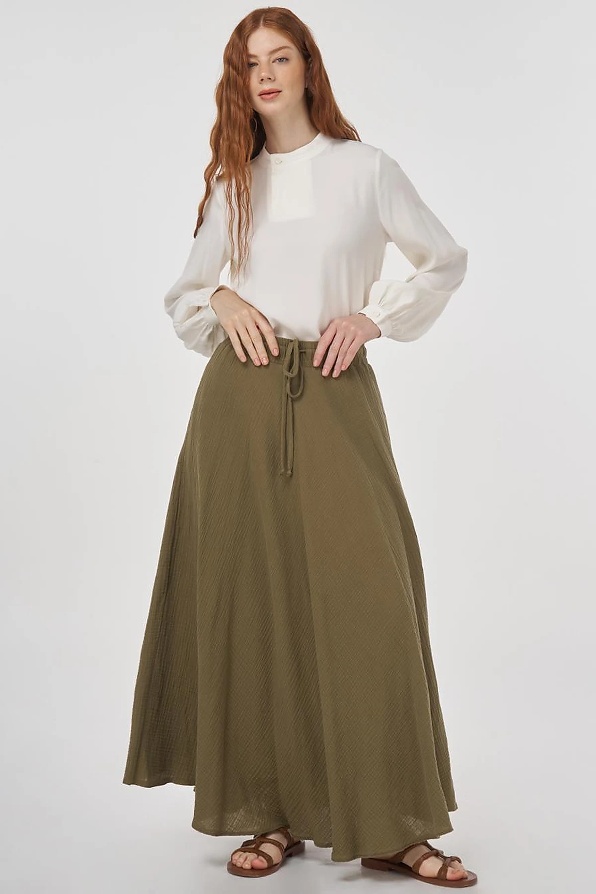 Drawstring Muslin Skirt in Khaki