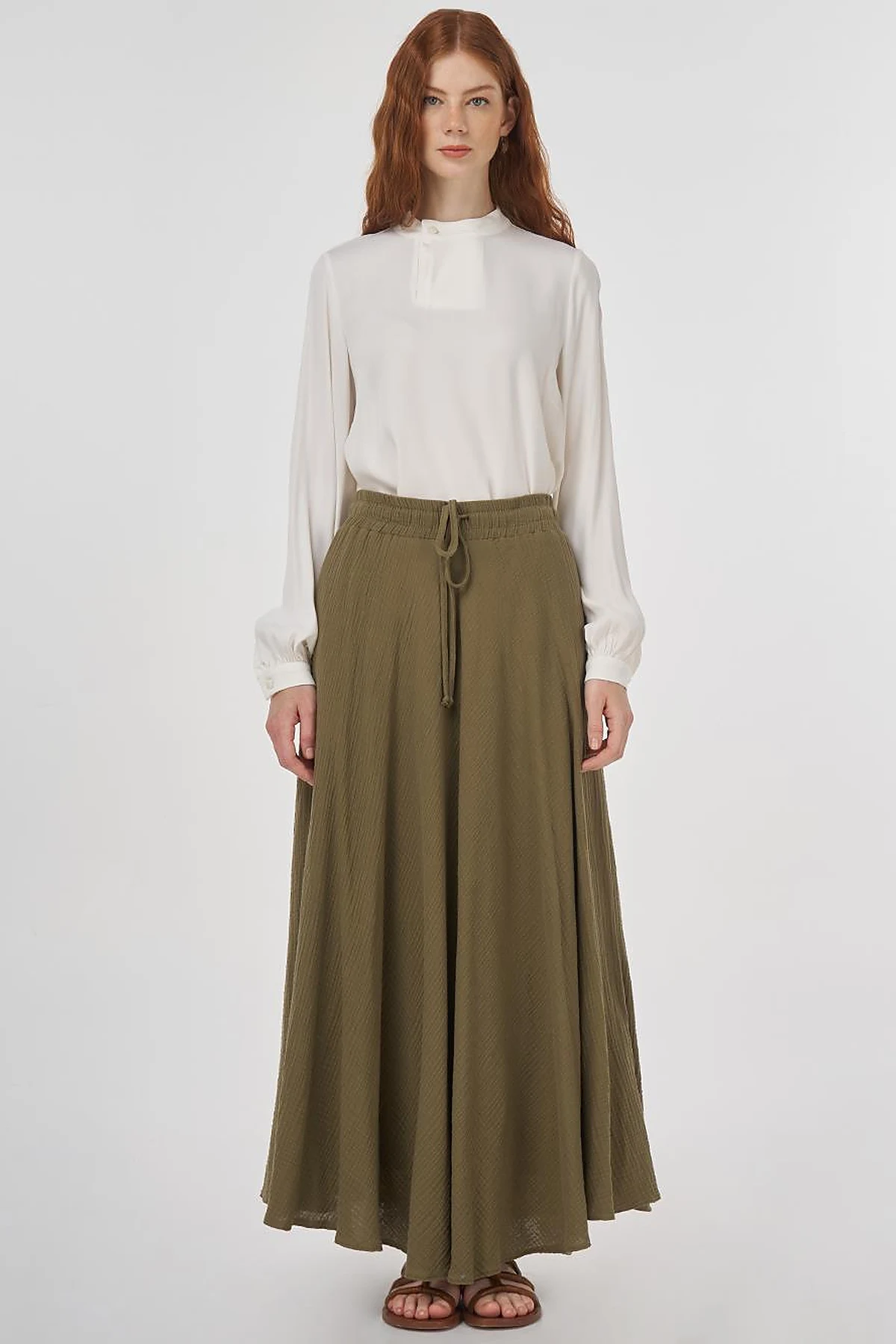 Drawstring Muslin Skirt in Khaki