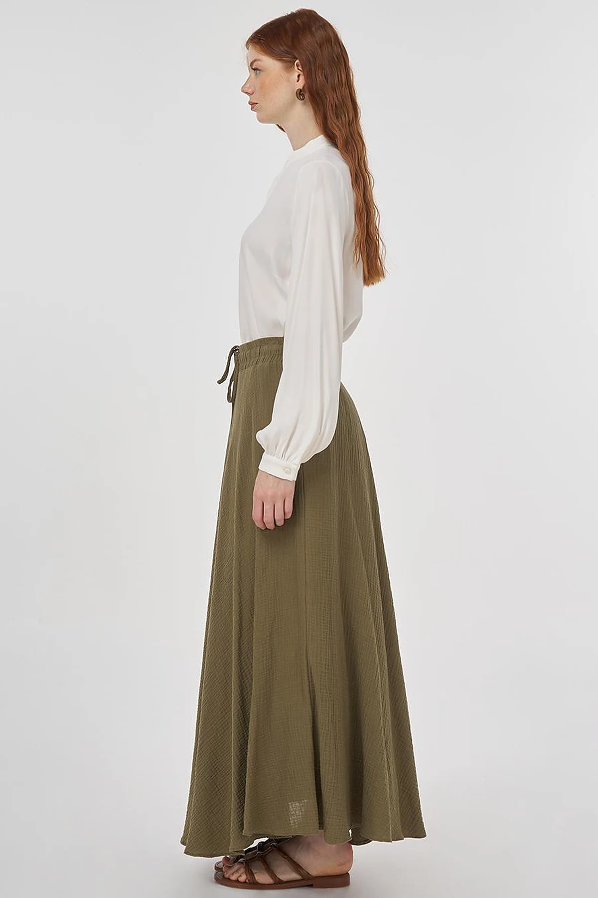 Drawstring Muslin Skirt in Khaki