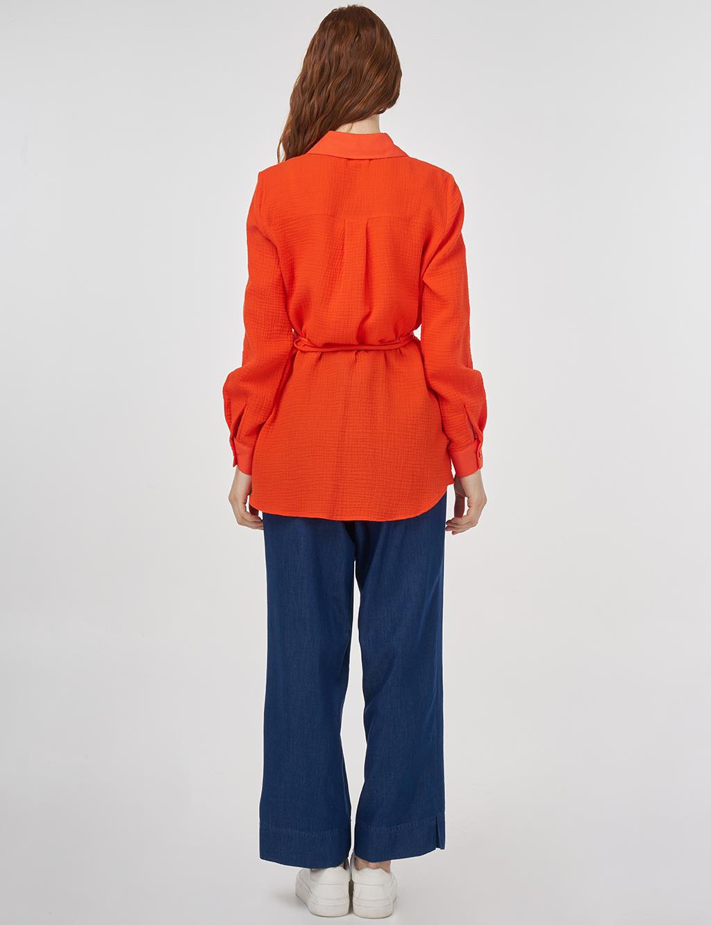 Stone-Embellished Collar Muslin Tunic Coral