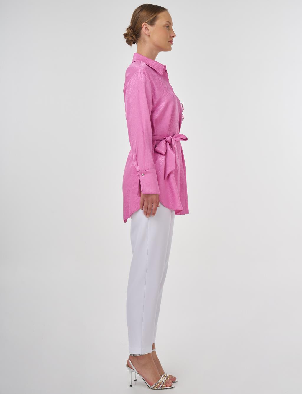Floral Appliqué Satin Tunic in Candy Pink